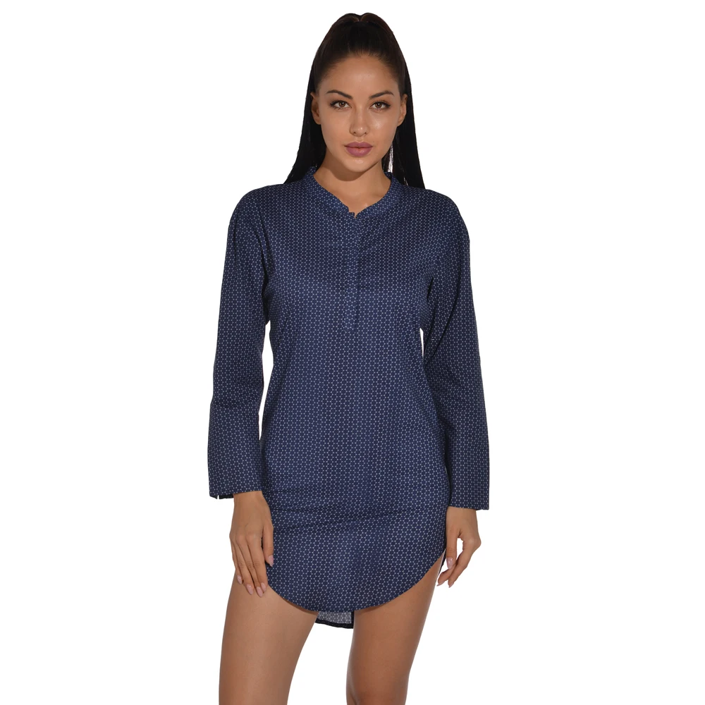 Sleepwear Women Long Sleeves Night Dress Ladies Sexy Thin Nightgown  Autumn Blue V Neck Casual Loose Home Clothing XXL