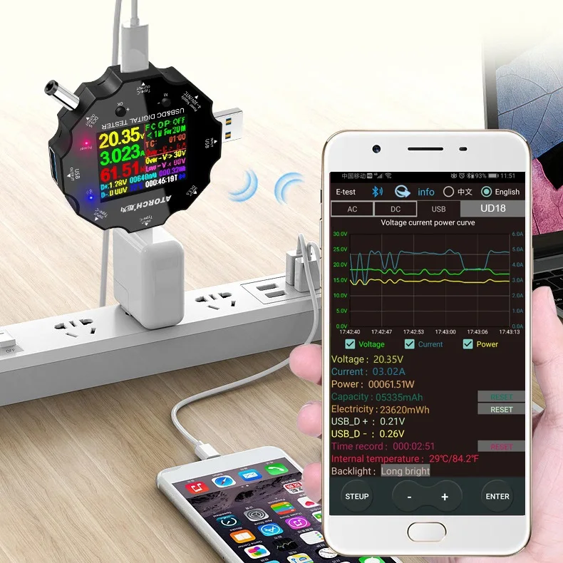 UD18 bluetooth цифровой вольтметр USB3.0/DC/Тип-C 18 в 1 взаимный обмен данными между компьютером и периферийными устройствами тестер приложения DC Вольтметр Амперметр HD Экран 6-Bit Дисплей