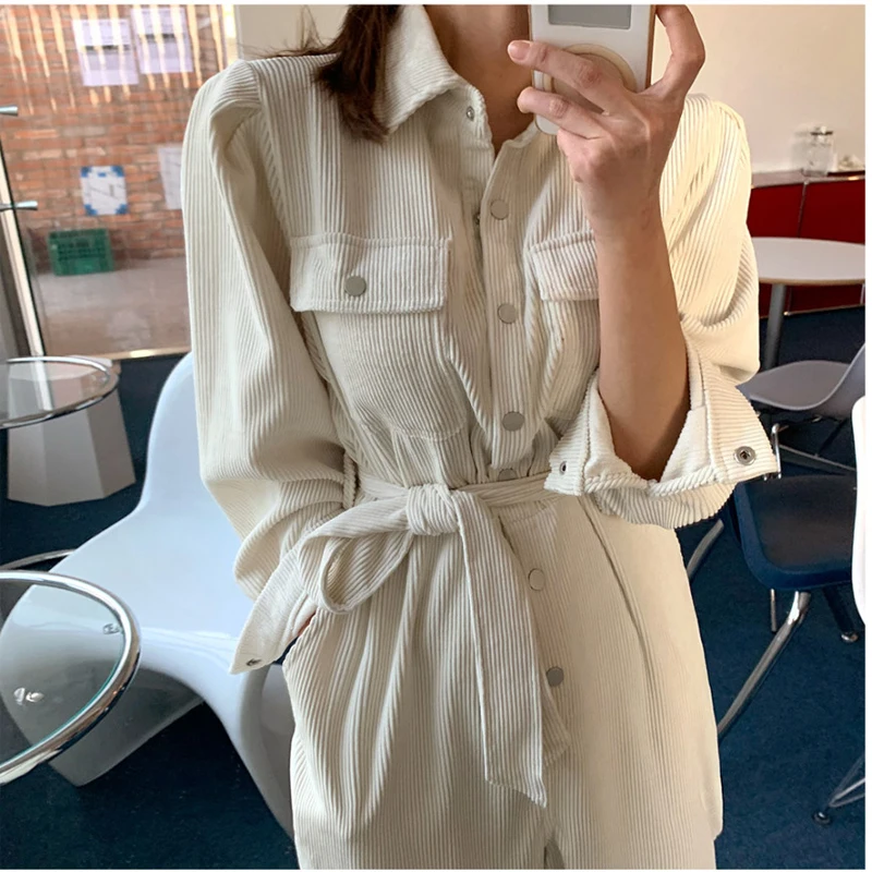 

2021 New Autumn Long Sleeve Lapel Women Casual Jumpsuits High Waist Corduroy Rompers Overalls Solid Office Lady