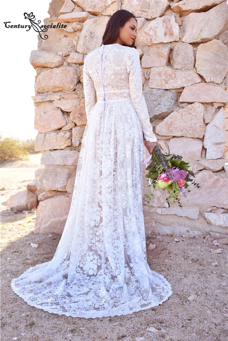 

Hi-Lo Lace Wedding Dresses Boho Long Sleeve Lace Appliques Bohemian Bridal Gowns Beach Bride Dress Vestido De Noiva