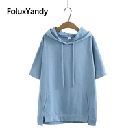 hooded short sleeve t shirt plus size womens tops front pocket casual summer tops 5 colors kkfy5482