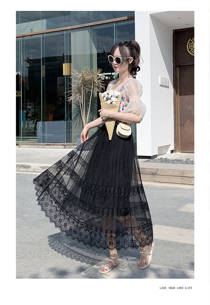 

Qooth Mesh Lace Stitching Fairy Skirt Big Swing High Waist All-match Pleated Skirt Mid-Length Spring Summer A-Line Skirt QT647
