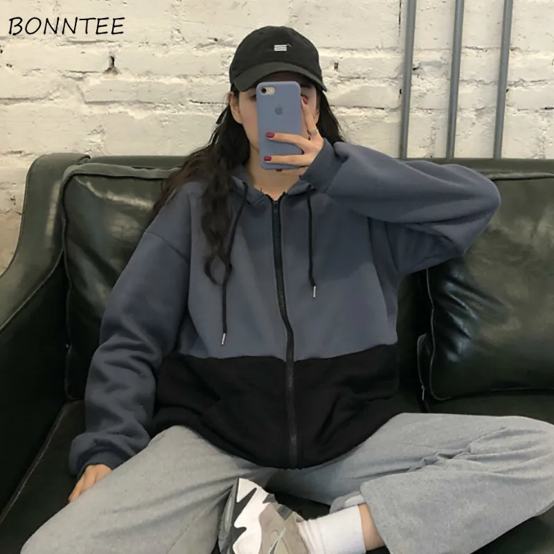 

Hoodies Women Zip-up Patchwork Unisex Harajuku Autumn Trendy Newest Kpop Loose Plus Velvet Female Clothes Outerwear Causal Chic