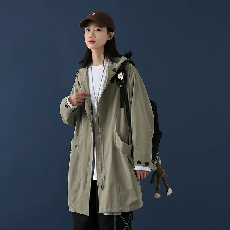 

2022 Vintage Windbreaker Women's Clothing Spring Autumn Street Workwear Long Trench Coat Korean Loose Hooded Outerwear D1070