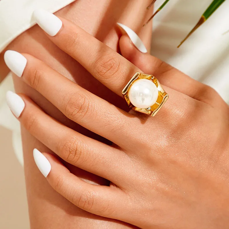 Модное большое кольцо с имитацией жемчуга золотого цвета металлические полые