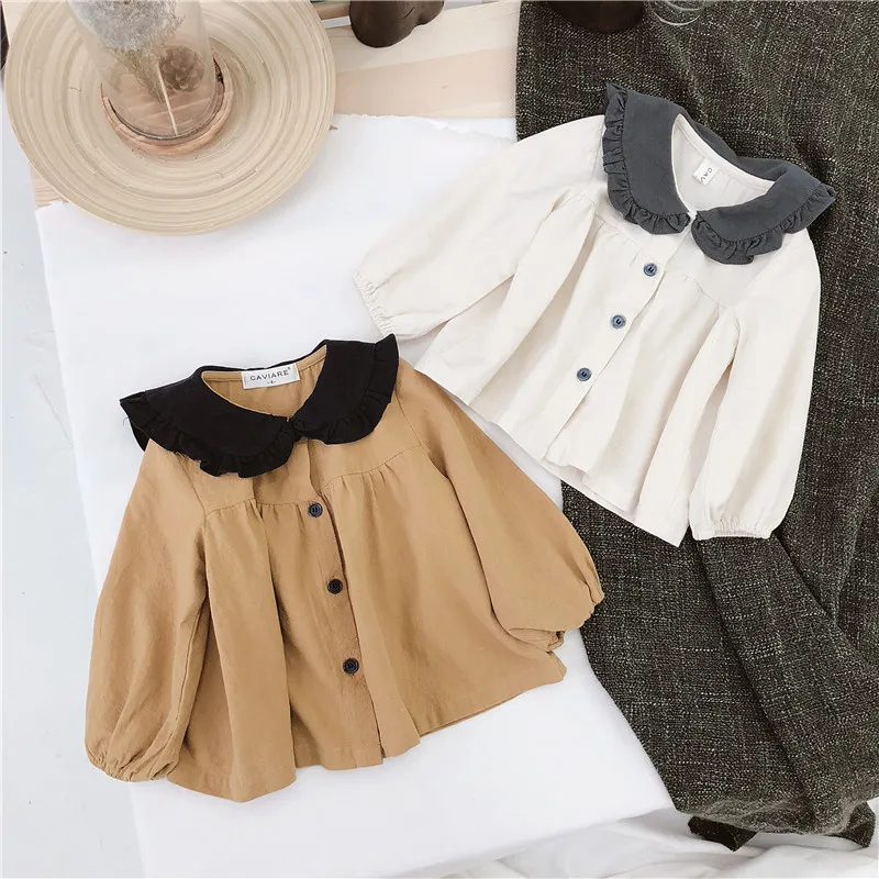 

Girls Long Sleeve Shirt Peter Pan Collar Kids Linen Clothing Baby Blouse Kids White Top Blouse Korean Kids Clothes Girl Shirts