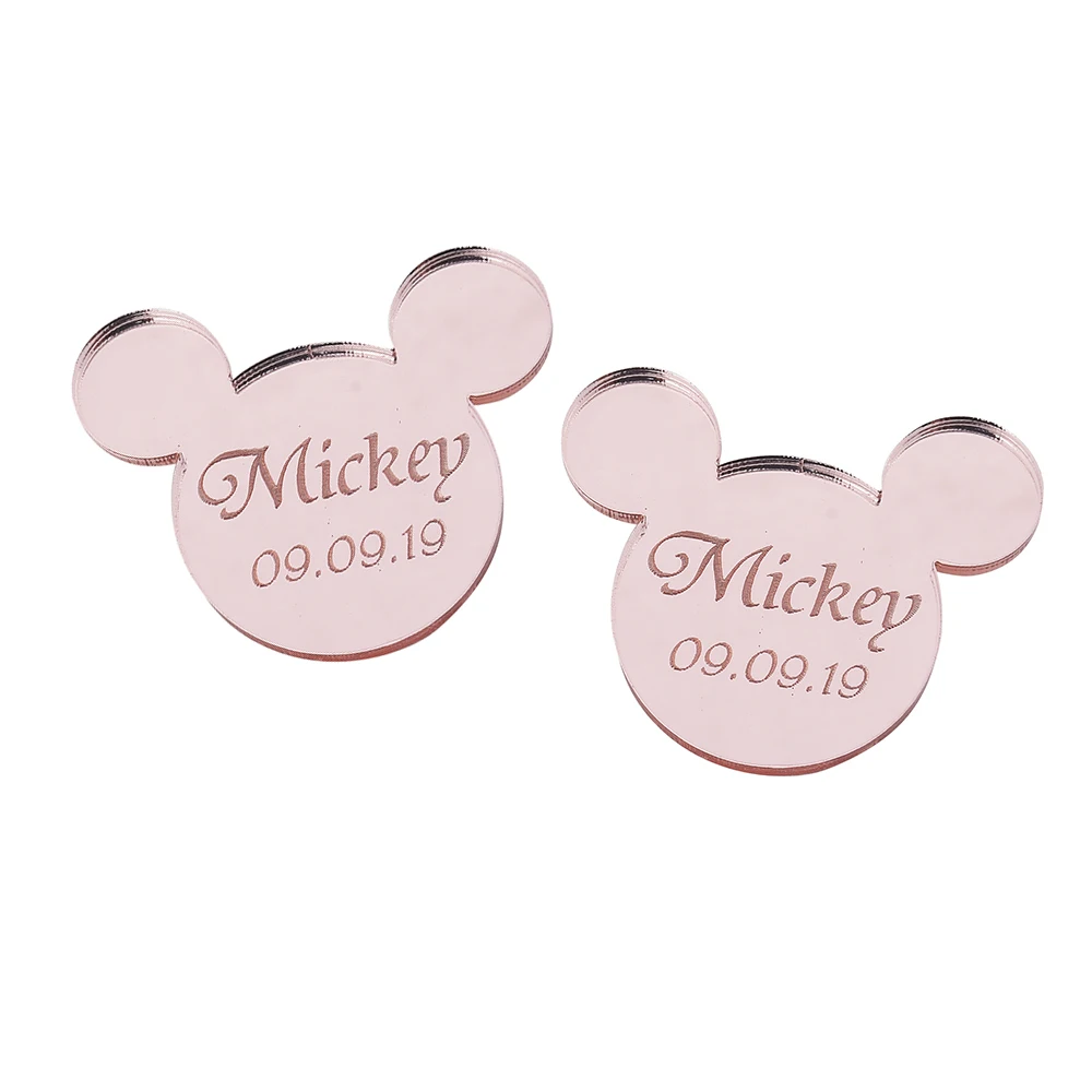 Style7 Pink 12 шт. персонализированные гравированное зеркало Микки Маус надписи имя карты метки ребенок душ украшение для вечеринки в день рождения 40 мм без отверстия - Цвет: Style7 Pink