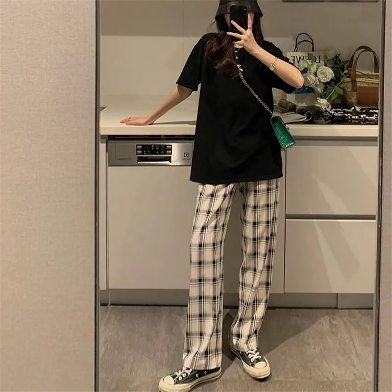Клетчатые брюки цвета хаки женские повседневные летние модные шаровары