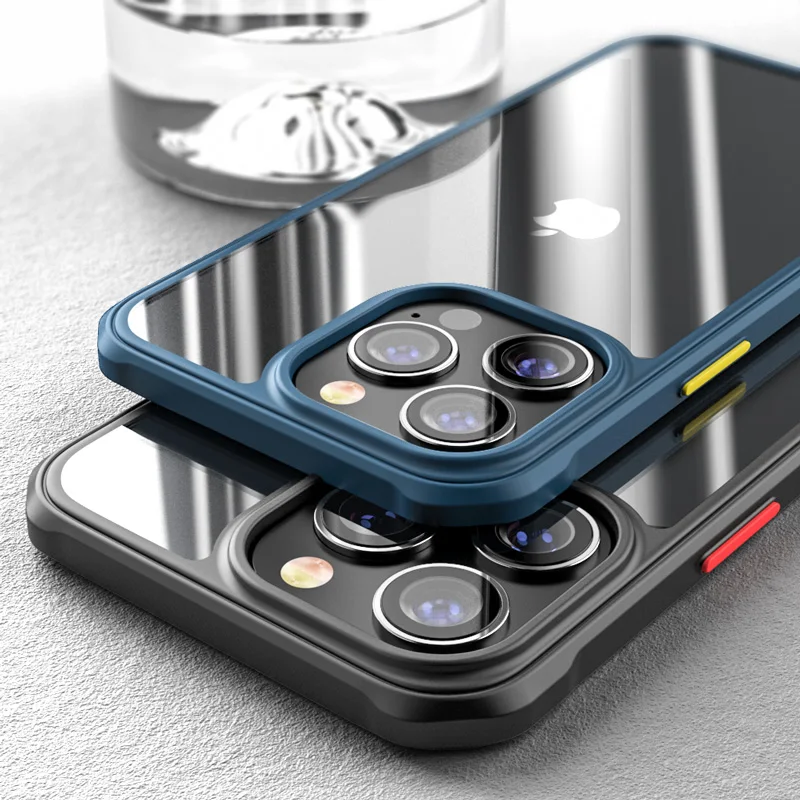 

Luxury Clear Acrylic Case For iPhone 13 12 11 Pro Max Mini XR X XS Max 7 8 Plus Hit Color Silicone Frame Airbag Anti-Knock Coque
