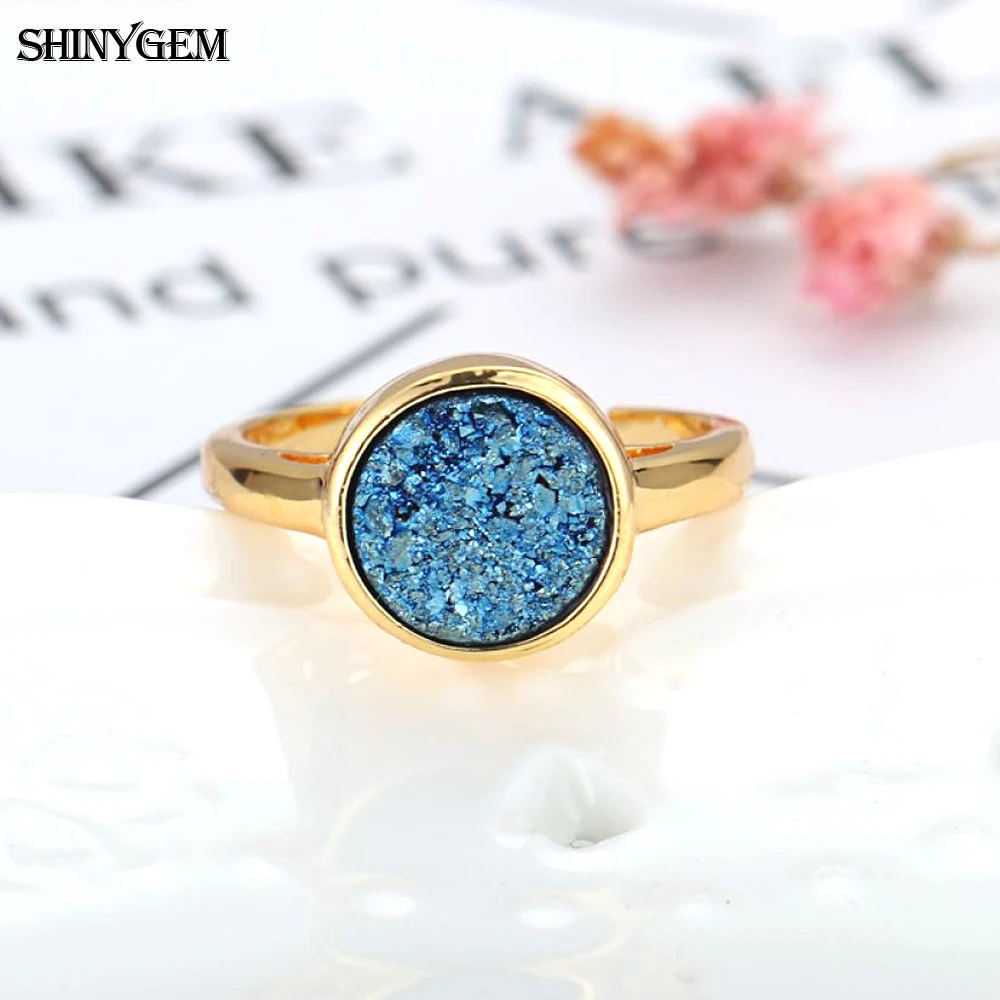 ShinyGem винтажные кольца с натуральным кристаллом Druzy круглые регулируемым золотым