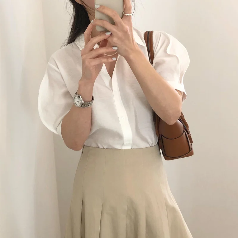 

KUSAHIKI Women Blouse Elegant Single Breasted Turn-down Collar Tops Causal Puff Short Sleeve 2021 Summer Chic Solid Shirts 6H348