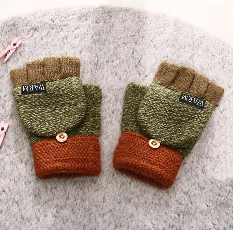 

Boys Girls Knitted Gloves 2 in 1 Fingerless Mittens Gloves Winter Warm Accessory