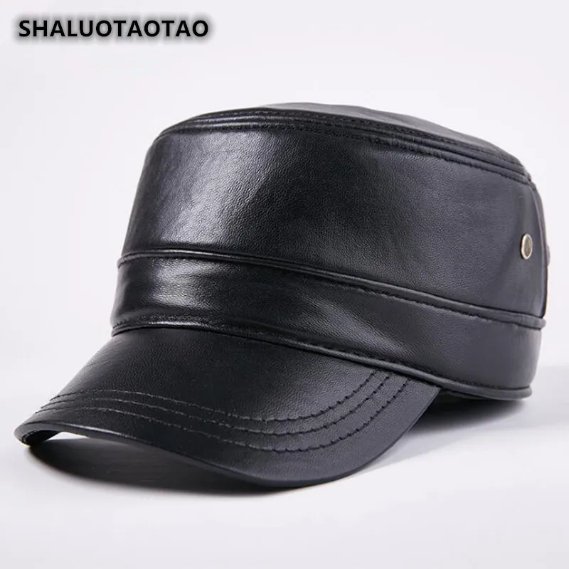 

SHALUOTAOTAO Adjustable Size Men's Flat Cap Winter Thicken Thermal Genuine Leather Hat Brands Earmuffs Sheepskin Military Hats