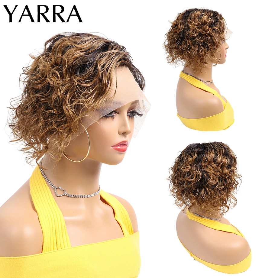 

Short Water Wave T Part Lace Front Wigs for Women 1B/30 Ombre Blonde Pixie Cut Curly Human Hair Wig Cheap Lace Wigs Yarra