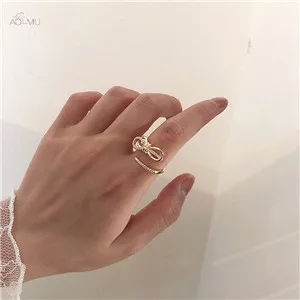 AOMU корейское шикарное жемчужное кольцо, полые Стразы, металлическое кольцо золотого цвета, размер, регулируемое кольцо для женщин, девушек, ювелирный набор