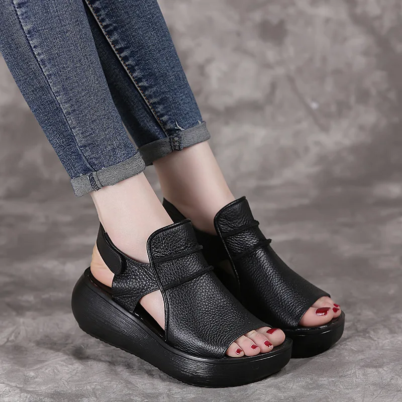 

OUKAHUI 2020 Summer Thick Bottom High Flat Platform Sandals For Women Genuine Cow Leather Fashion Wedges Peep Toe Women Sandals