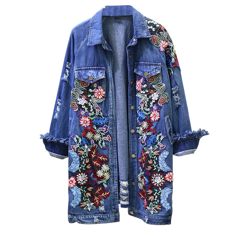 

2020 Autumn New Loose Heavy Work Embroidery Flower Mid-length Denim Jacket Women Hole Befree Harajuku Chaqueta Mujer Veste Femme