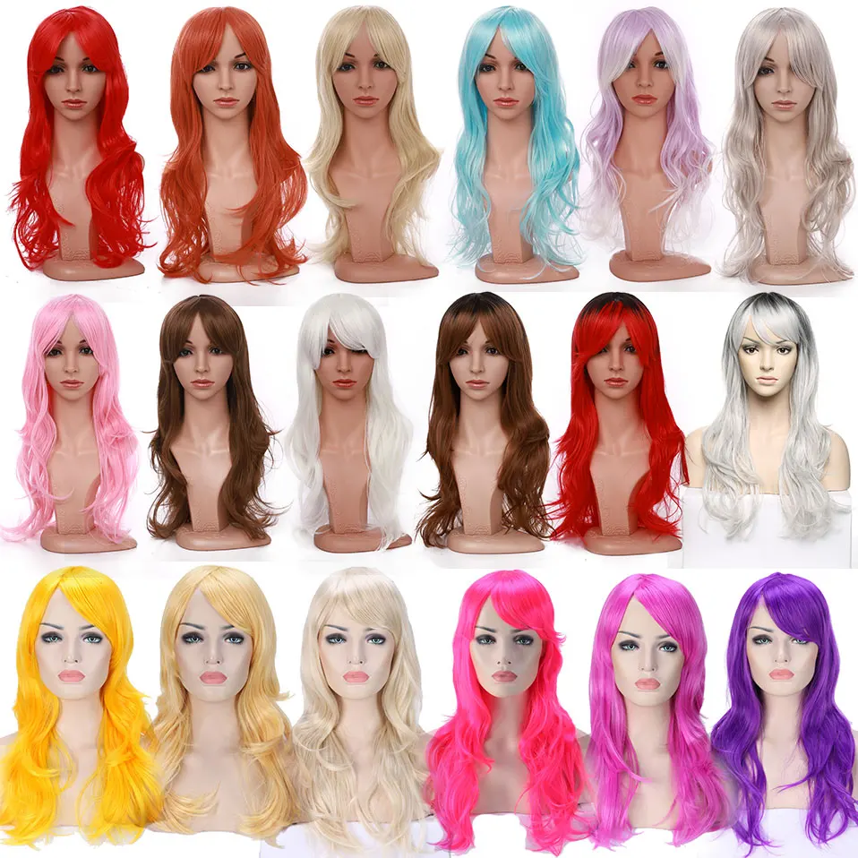 

S-noilite Long Wavy Cosplay Red Green Puprle Pink Black Blue Sliver Gray Brown Synthetic Hair Wigs