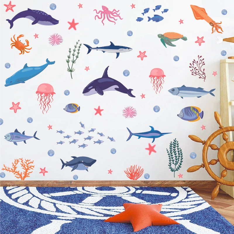 

Sea World Peel And Stick Wall Decals Fishes & Sea Plants PVC Stickers Cartoon Home Sticker Window Wall Art for Nursery Bathroom