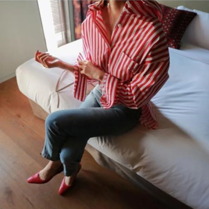 

koraen oversize Shirt famale 2021 Summer long sleeve loose red white stripes sunscreen temperament blouse women YJ213