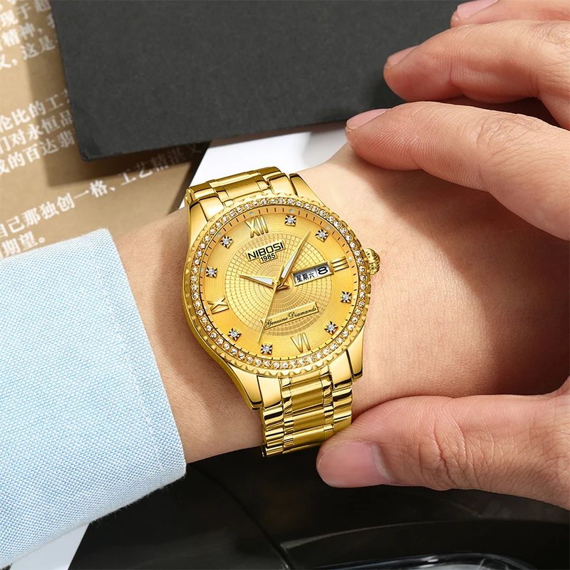 

Luxury Brand NIBOSI Men Watches Diamond Dial Fashion Design Elegant Wristwatch Waterproof Gold Male Wacthes Relogio Masculino