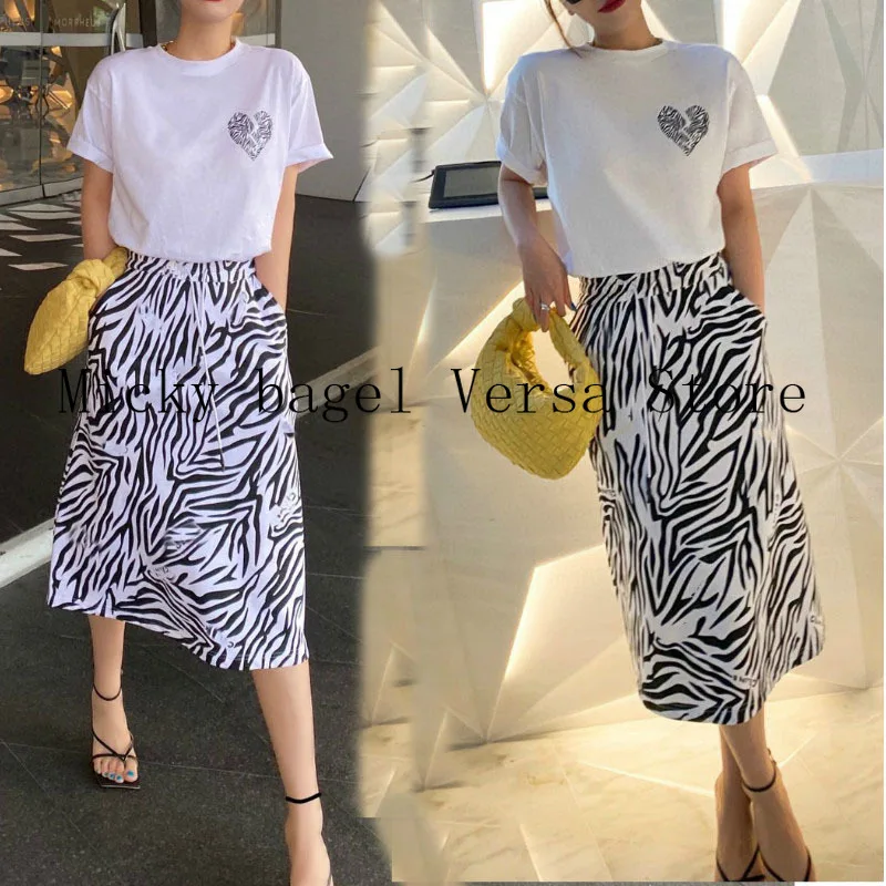 

luxury design zebra crossing fashion women's suit temperament versatile round neck short sleeve T-shirt + high waist slim skirt