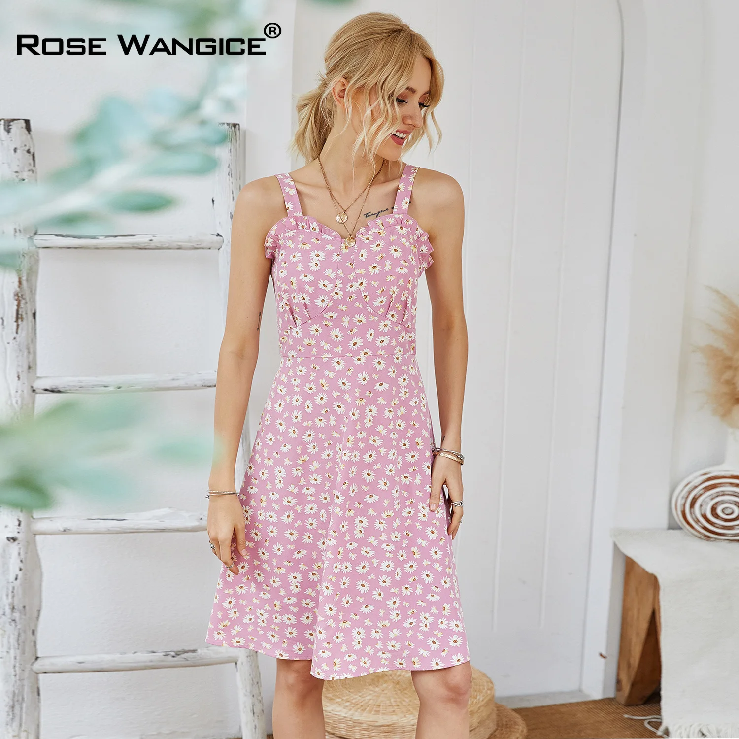 

Women Dress Floral Daisy Pink Sweet Pastoral Tie-dye Halter Dress Casual Beach Wedding Party 2021 Women Clothing Summer Skirt