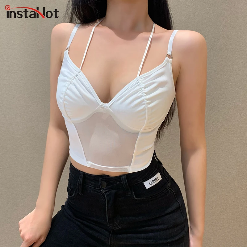 Женский укороченный топ InstaHot летний прозрачный с лямкой на шее и v образным
