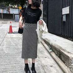 

A-line Black White Stripe Skirt Sexy Skirts Womens Long Female Elastic Waist Faldas High Waist Skirt