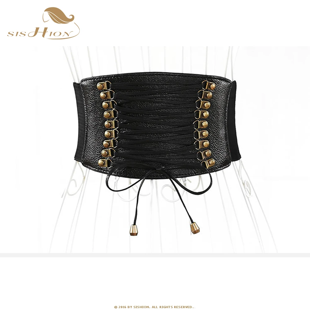 

SISHION Women Fashion Vintage Lace-Up Bow Wide Belt Faux Leather Dress Elastic Ladies Waistband Slim Belt QY0648