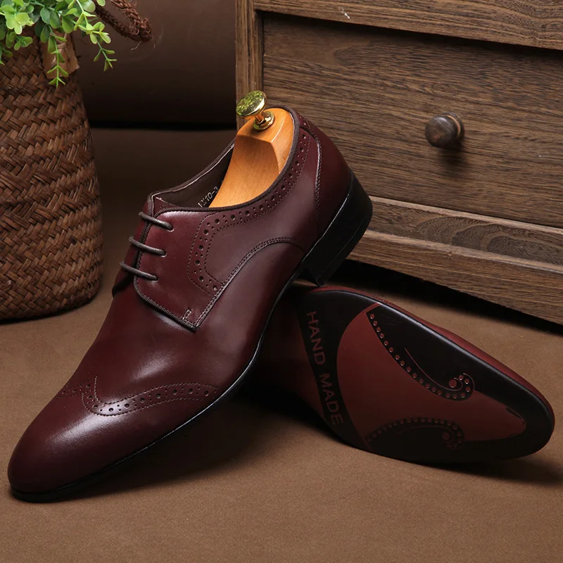 

QYFCIOUFU 2019 New Arrival Brogue Shoes Men Genuine Leather Pointed Toe Lace-up Men Formal Dress Shoes Fashion Office Shoes