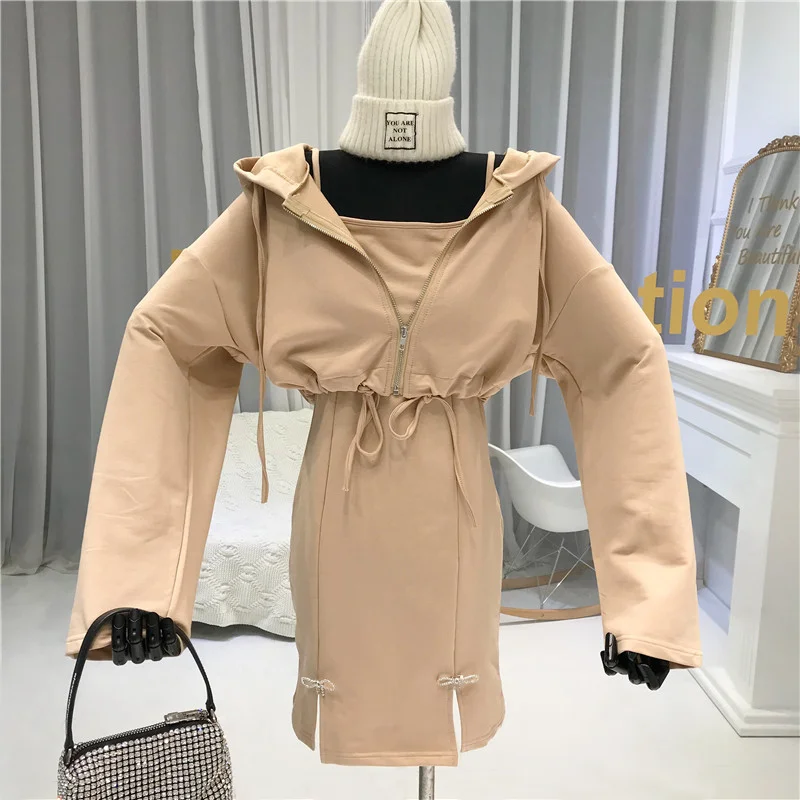 

Dress Suit, Female Autumn New Casual Cardigan Jacket with Hood+ Slim Dress Women Sweatsuits Dress Sets 2020 2 Piece Set