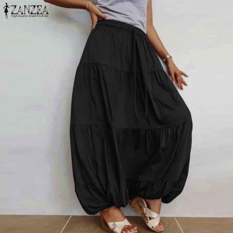 Фото Женская длинная юбка ZANZEA однотонная винтажная с поясом на резинке мешковатыми