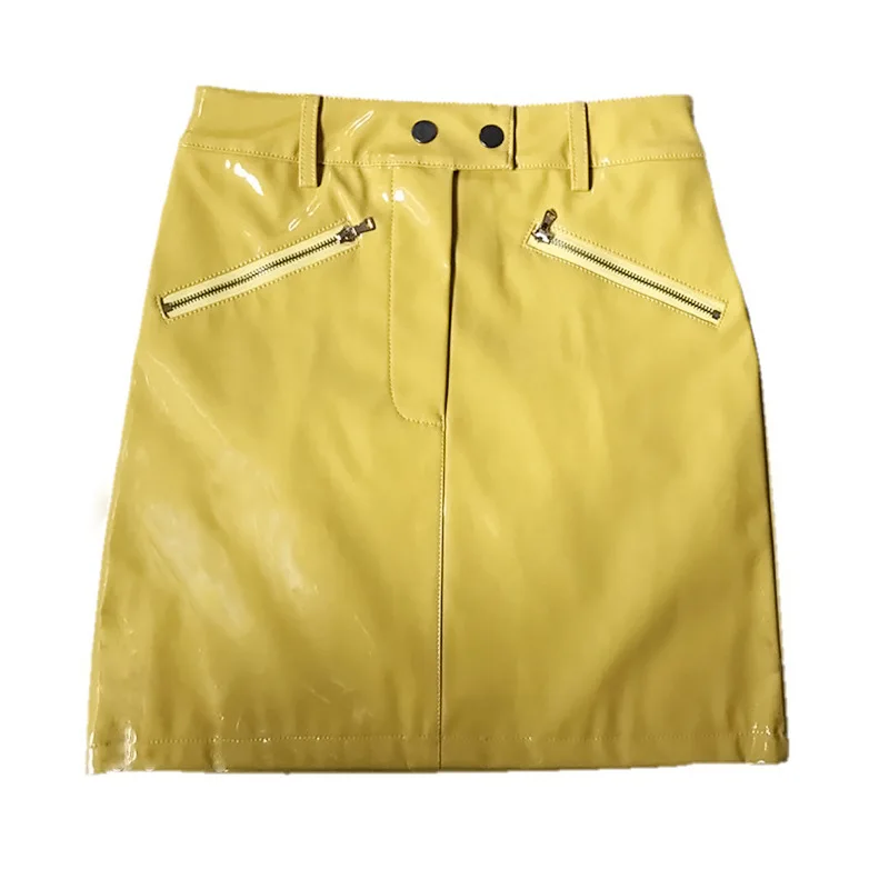 

2019 high Street yellow Bright Color Leather Skirt Harajuku Pockets Glossy Pu Mini Skirts
