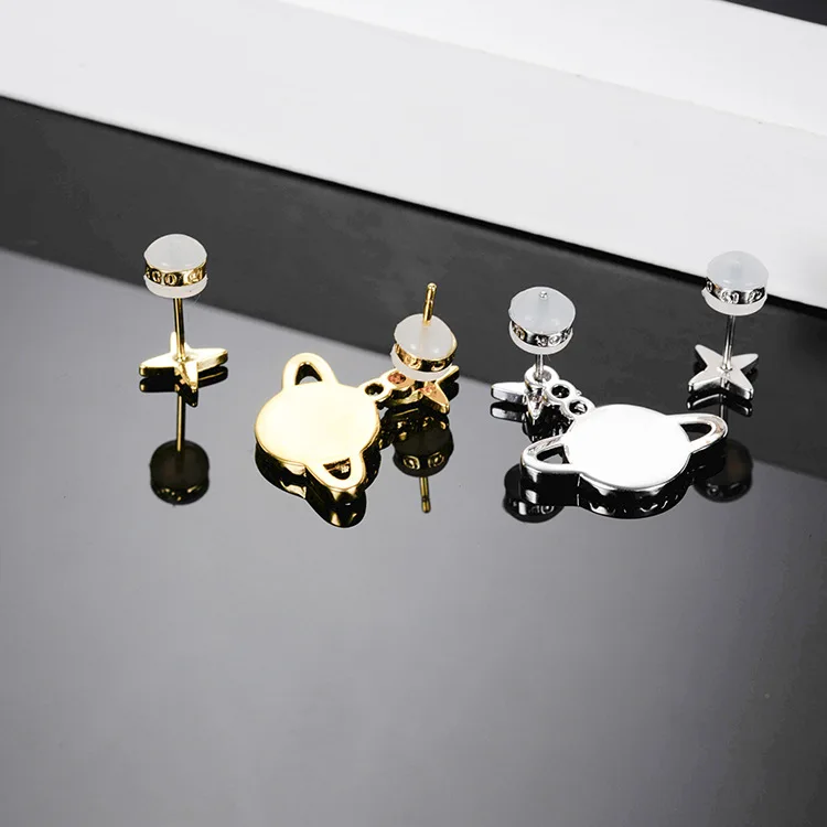 

S925 Sterling Silver Summer Planet Asymmetrical Stud Earrings Monaco Femal Golden Personality Fashion Jewelry Gift