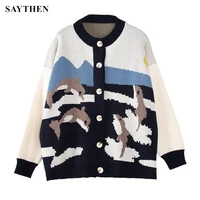 saythen autumn and winter knitted cardigan sweater female college style wild loose cute bolphin v neck jacket