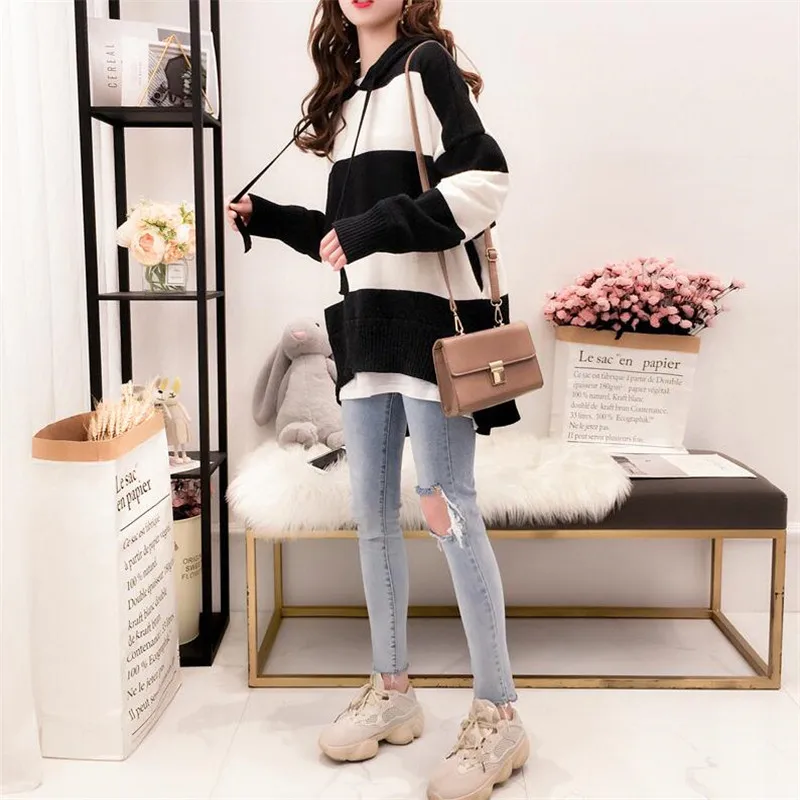 2019 осенний и зимний свободный свитер в полоску с капюшоном женский корейский