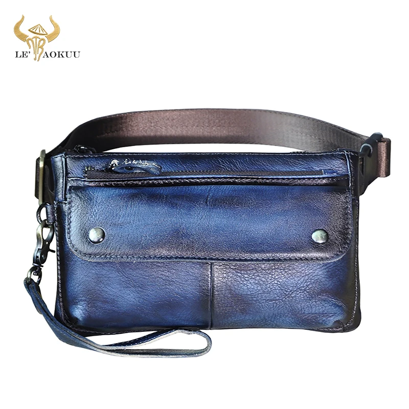 

Genuine Real Leather Blue Cross-body Sling Chest Bag Design Casual Travel Cigarette Phone Case Fanny Waist Belt Bag Pack 8136