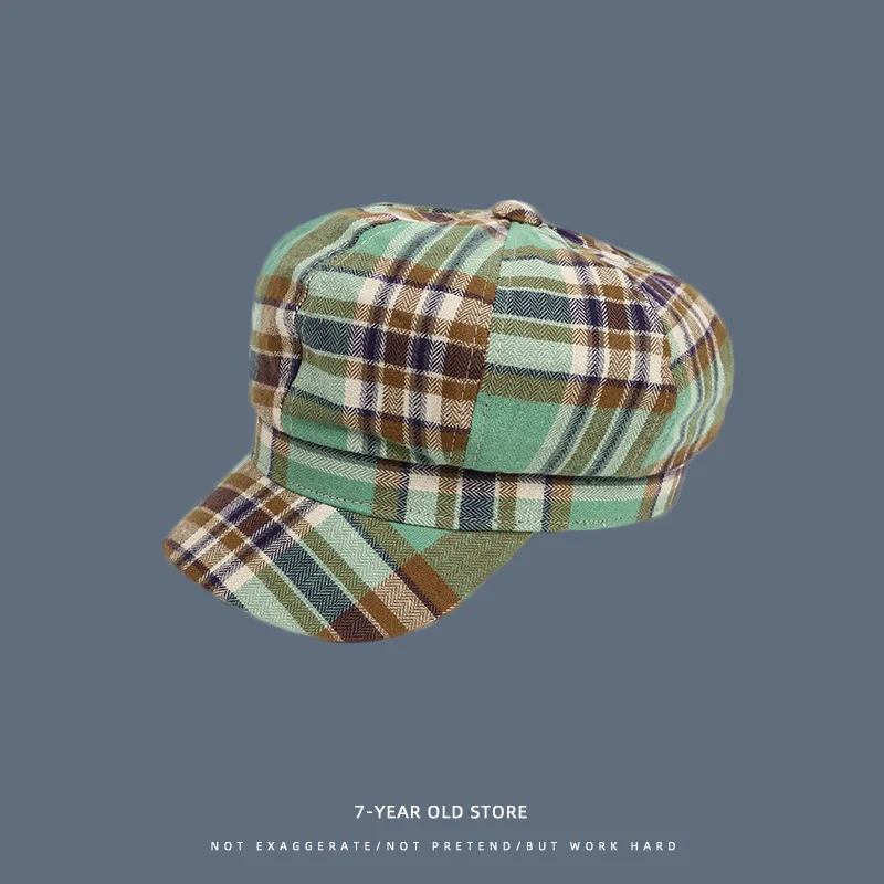 

Beret Hat Women Plaid Octagonal Hat Cotton Fashion Small Fragrant Style Warm Hat With Brim Decorated Beret