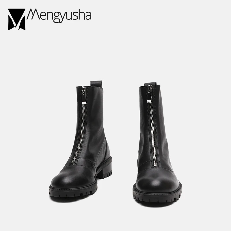 Женские байкерские сапоги из мягкой кожи Рыцарские зимние на молнии спереди