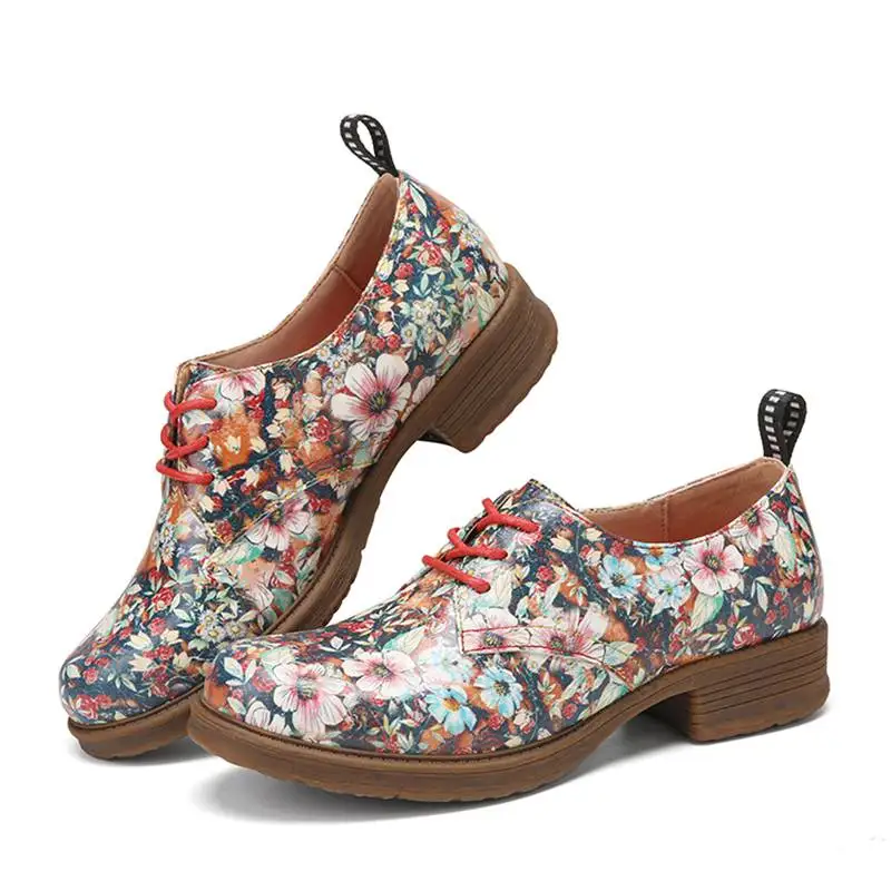 Murah SOCOFY Sepatu Nyaman Kulit Cetak Bunga Wanita Sepatu Pantofel Datar Luar Ruangan Kasual Renda Ujung Bundar Gaya Retro