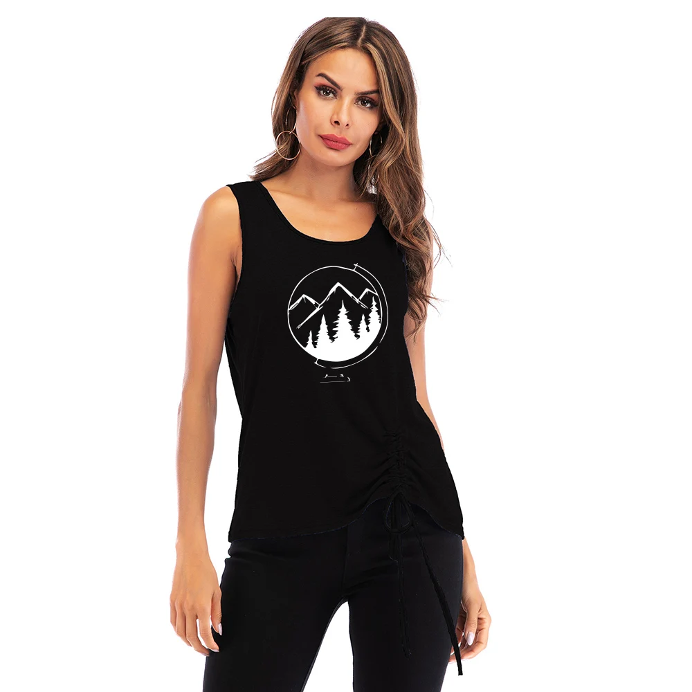 

New Summer Graphic High Quality Tanks All-match Shirring Print Ladies Clothing Harajuku Round Neck Streetwear Sleeveless Tees