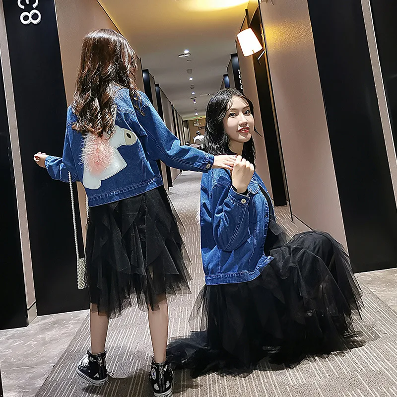 2019 осенние джинсовые синие рубашки и черные платья Одинаковая одежда для мамы