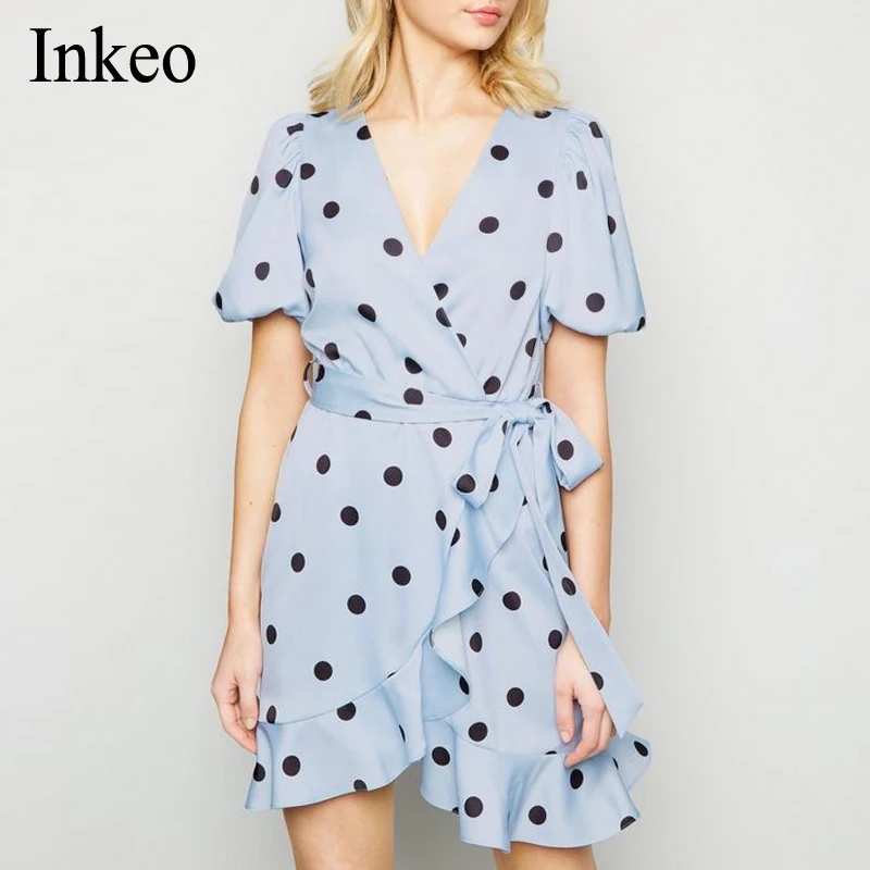 Женское пляжное платье с запахом, новое летнее сексуальное ТРАПЕЦИЕВИДНОЕ ПЛАТЬЕ в горошек с v-образным вырезом, вечерние платья с оборками ...