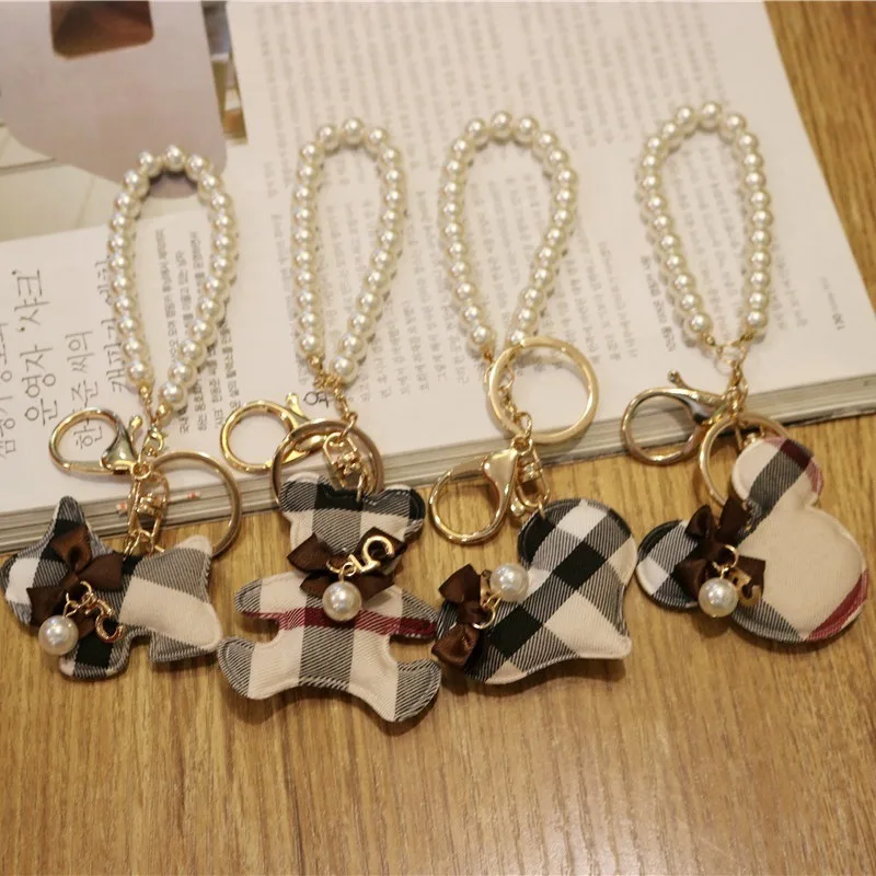 

New handmade plaid bear key chain pendant fabric love Pearl bag hanging jewelry wrist rope
