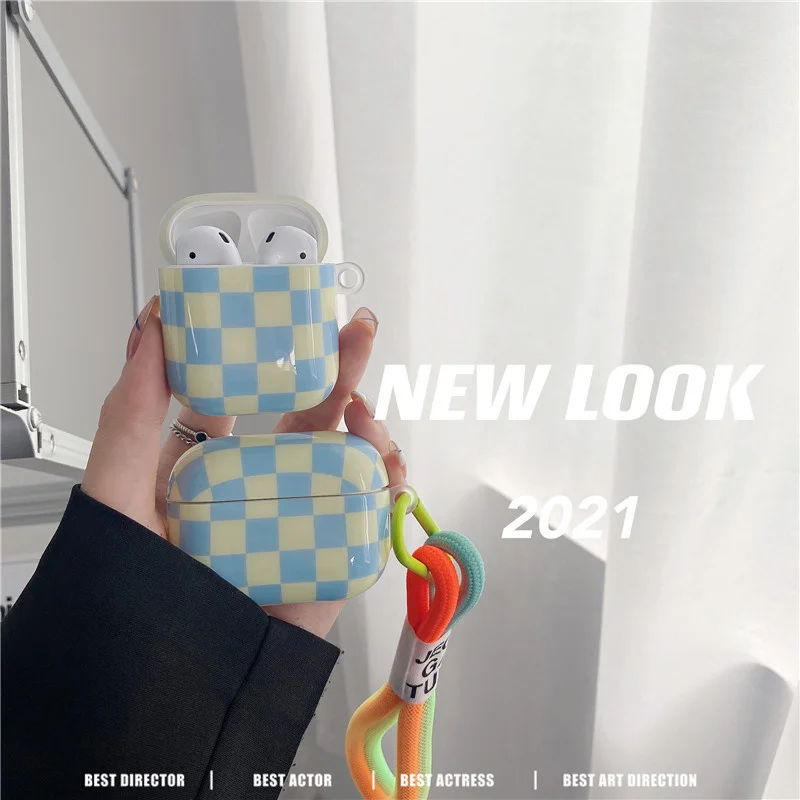 

INS Checkerboard Lattice Earphone Charging Hard Cover For Apple AirPods 1 2 Pro Bluetooth-compatible Headset Protect Case