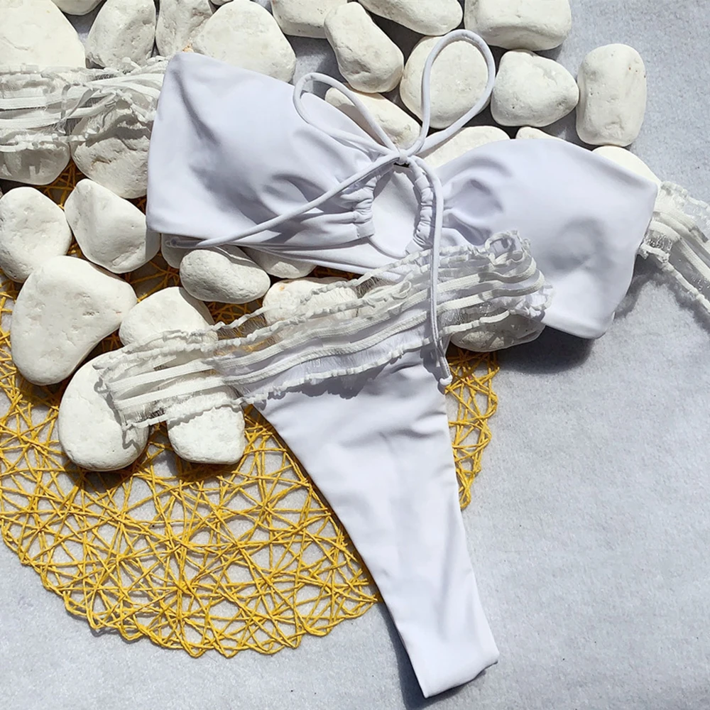 Женское бикини с открытыми плечами белый кружевной купальник бандо сексуальный
