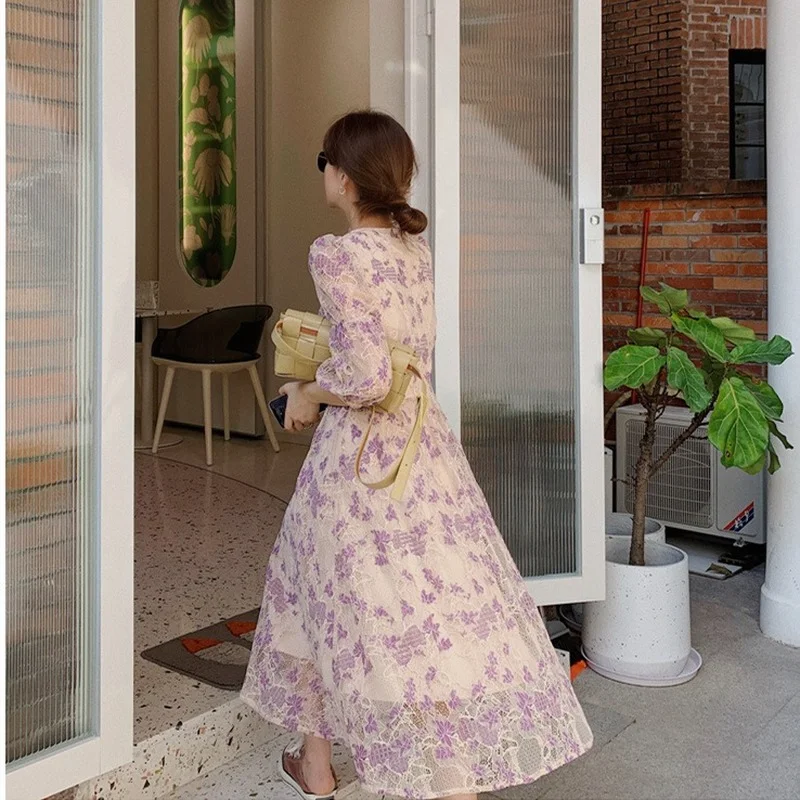

Summer Women n V-Neck Button Vintage Floral Dress Female Split Beach Dress Holiday Puff Sleeve Print Vestidos