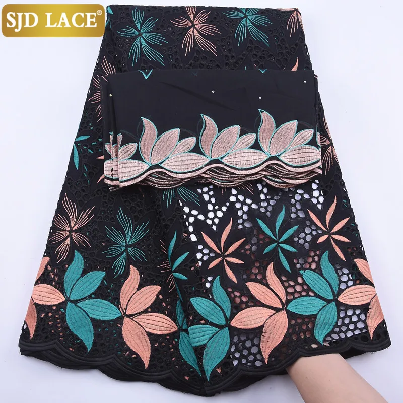 SJD кружево швейцарская вуаль с камнями африканская Кружевная Ткань 5 ярдов + 2 ярда