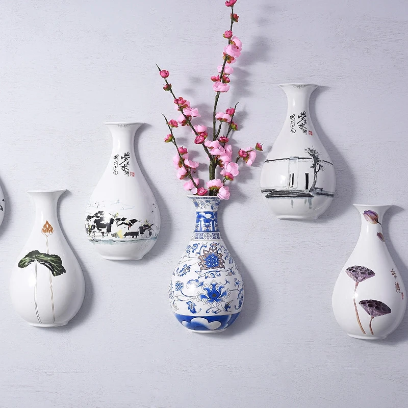 

No Glazed Blue and White Porcelain Hanging Vases Lotus Design Flower Ceramic Vase Home Decoration Jingdezhen Flower Vases